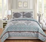 Mk Home 3pc King/California King Bedspread Coverlet Set Floral Aqua Blue Grey White Taupe New