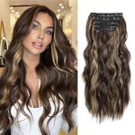 Hair Extensions Clip in 4pcs Light Brown with Golden Highlights Hair Extension Long Wavy Full Head Clip in Hair Extension Synthetic Fiber Hair Pieces for Women