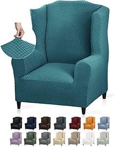 YEMYHOM 1 Piece Stretch Wingback Chair Slipcover Latest Jacquard Design Wing Chair Cover Non Slip Furniture Protector with Foam Rods for Living Room (Wing Chair, Peacock Blue)