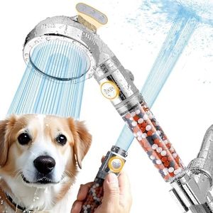 Pet Showerhead High Pressure for Dogs - with Filter and On Off Button, 4 Spray Modes