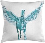 Ambesonne Horse Throw Pillow Cushion Cover, Blue Pegasus Horse with Open Wings Fantasy Mystery Myth Flight, Decorative Square Accent Pillow Case, 24" X 24", Turquoise White