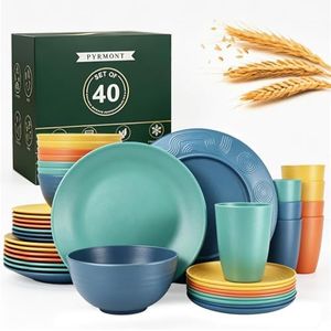 Wheat Straw Dinnerware Sets for 8,Dishwasher & Microwave Safe Plates and Bowls Sets 40 PCS, Unbreakable Dish Sets for Kitchen,Camping and Outdoor,Alternative to Plastic Bowls Reuseable - Multi color