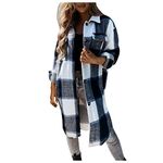 Womens Flannel Plaid Shirts Jacket Lapel Button Down Blouse Casual Long Sleeve Pocketed Boyfriend Long Shacket Coat Tops Black