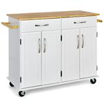 COSTWAY Kitchen Island on Wheels, Rolling Storage Trolley Cart with Rubber Wood Countertop, 2 Cabinets, 2 Drawers, Towel Racks & Adjustable Shelf, Home Dining Room Serving Organiser Cabinet (White)