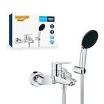 GROHE Start QuickFix – Single Lever Bath Filler Mixer Tap Set (Diverter: Bath/Shower, Round 11cm Hand Shower 1 Spray: Rain, Wall Holder, Shower Hose 1.5m, Water Saving, Wall Mounted), Chrome, 25283002