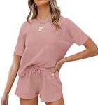 wkwmrpet Women's Waffle Knit Pjs Short Sleeve Top and Shorts Pullover Nightwear Lounge Pajama Set with Pockets Pink