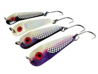 Loony Spoons - Premium Salmon Fishing Lures - Set of 4 - Great for Salmon, Lake Trout - Char - Walleye (Size 3-3 3/8", Night Magic, White Night, Cop Car and Pink-n-Purple)