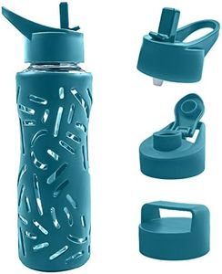 25oz Glass Water Bottles with Straw Cap – Wide Mouth Glass Sports Water Bottles w Protective Silicone Sleeve + 3 Reusable Different Leak-Proof Lids (BPA Free) for Fitness and Outdoor(Mint blue)