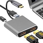 CLIUNT USB C to Dual HDMI Adapter 4K@60Hz, 4 in 1 USB Type C to Dual Monitors Multiport Adapter, 2 HDMI USB C Hub Adapter for Laptop MacBook Pro/Air, Surface, Dell, LenovoYoga, Chromebook