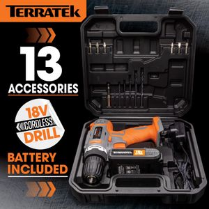 Terratek 18V Cordless Drill Driver Set – 13-Piece, Fast Charge, LED Light