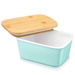 LOVECASA Butter Dish, Porcelain Butter Container with Wooden Bamboo Lid, French Butter Dish,Removable Silicone Seal, 500ml Blue