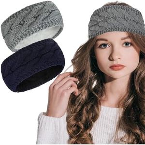 Styla Hair Soft Thick Knit Fleece Lined Womens Cold Weather Winter Headband Ear Warmer 2 Pack Value Navy/Grey