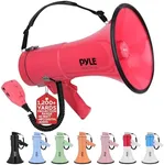 Pyle 50W Megaphone Bullhorn - Portable, Automatic Siren & Adjustable Volume,Projection Range Up to 1200 Square Yards, Aux Input, Talk, Siren, Music, Whistle, & Record, Shoulder Strap (Red)