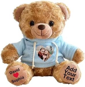 Duckbe Personalized Bear Stuffed Animal with Picture Text Date, 11 Inch Customized Teddy Bear Plush Toys, Gift for Girlfriend, Boyfriend, Birthday, Anniversary, Valentines (Brown Blue Hoodie