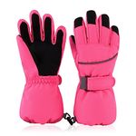 Winter Windproof Ski Gloves with Fleece Lining Warm Children Kids Mittens Snowboard Gloves Boys Girls (Rose Red, 10-14 Years)