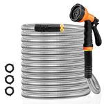 Besiter Garden Hose 50FT Stainless Steel Water Hose with 10 Functions Adjustable Spray Nozzle, Heavy-Duty Metal Garden Hose Flexible Durable No-Tangle & Kink Leak Dog Proof Hose for Yard Lawn(Orange)