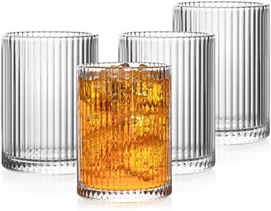 POLIDREAM Drinking Glasses Set of 4, 9oz Ribbed Glassware Vintage Whiskey Glasses Embossed Glass Tumblers Cocktail Glasses Water Glasses for Beer Juice Whiskey Cocktail Milk(7x7x9.6cm)