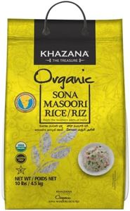 Organic Sona Masoori Rice by Khazana in 10 lb Bag - Aromatic and Flavorful Indian Grain - Non-GMO, Gluten Free, Kosher, Cholesterol Free
