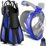 Odoland Snorkel Set for Man and Women, 180° Panoramic View Full Face Snorkeling Mask with Camera Mount and Swim Fins, Dry Top Breathing Anti-Leak Anti-Fog Diving Mask for Adult Deepblue XL