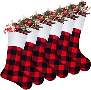 Senneny 6 Pack Christmas Stockings- 18 Inch Red Black Buffalo Plaid Christmas Stockings Fireplace Hanging Stockings for Family Christmas Decoration Holiday Season Party Decor