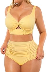 SHAPELLX Twist Front V Neck Bikini Tummy Control Two Piece Swimsuit Ruched High Waisted Bathing Suit Adjustable Straps Bikini Sets (Yellow, Medium)