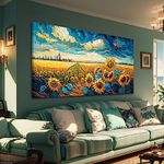 Wall Art Sunflower Large Landscape Canvas Artwork Picture Modern Canvas Blue Painting Artwork Canvas Prints Wall Decoration for Living Room Bedroom Office Home Wall Decor Framed Ready to Hang 60X120CM