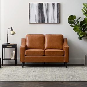 Edenbrook Jensen Upholstered Loveseat with Scooped Arms – Seats Two-Transitional Style Sofas, Camel Faux Leather