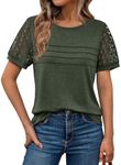 AUTOMET Women's Short Sleeve Dressy Tops Lace Summer Tops 2025 Trendy Crewneck Casual T-Shirts Work Clothes Outfits ArmyGreen XL