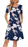 AUSELILY Summer Dresses for Women UK Floral Midi Casual Short Sleeve Pleated Loose Swing Dress with Pockets Sapphire Flower L