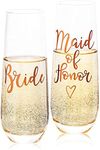 Juvale 2-Pack Rose Gold Glass Bride and Maid of Honor Stemless Champagne Wedding Flutes, 9.8 Ounces