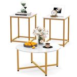COSTWAY Coffee Table Set of 3, Wood Grain Round Coffee Table and 2 Square End Side Tables with Metal Frame, Modern 3-Piece Living Room Tables Set for Small Space, Apartment (White & Gold)