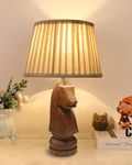 Homesake Chess Bedside Table Desk Lamp Rustic Wood Base Fabric Shade For Décor, Accent Light, Gameroom, Kids', Living Room, Bedroom, Knight, (Ribbed Beige) - Led