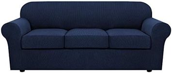 H.VERSAILTEX 4 Piece Stretch Sofa Covers for 3 Cushion Couch Covers for Living Room Furniture Slipcovers (Base Cover Plus 3 Seat Cushion Covers) Feature Upgraded Thicker Jacquard Fabric (Sofa, Navy)