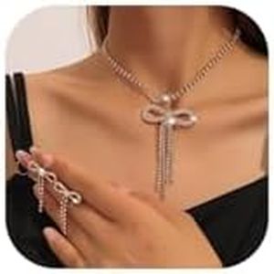 Dcfywl731 Bow Necklace Earrings Set for Women Trendy Silver Rhinestone Bow Pendant Necklace Crystal Bowknot Choker Necklace Sparkly Bow Earrings Bow Tie Earrings Dangle Christmas Jewelry Gifts, Alloy