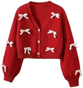 SHENHE Girl's Bow Button Down Knitted Cardigan V Neck Loose Cute Crop Sweater Outwear Red B 10Y