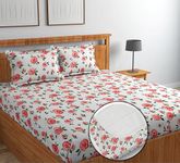 NEW LEAF Premium Cotton Elastic Fitted Bedsheets with 2 King Size Pillow Covers Double Bed with All Around Elastic Supersoft Size - 72 King Sizex78+10 inches White Pink Floral Pattren 200 tc - 220 tc