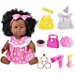 12 inch Black Baby Doll, African American Baby Black Dolls, Lifelike Black Baby Doll Clothes Accessories for Girls Including 3-Sets Dress, Headband, Camera, Beads, Bag, Comb for Birthday