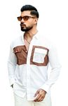 IndoPrimo Men's Casual Double Pocket Stylish Shirt Full Sleeve (in, Alpha, M, White Brown)