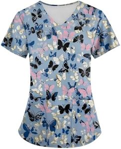 Scrubs for Women V-Neck Short Sleeve Printed Scrub Tops Plus Size Soft Stretch Nursing Scrubs with Pockets