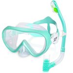 Kids Snorkel Set Anti-Fog Snorkel Swim Mask, Tempered Glass Child Scuba Diving Mask Anti-Leak Dry Top Snorkel Professional Kids Snorkel Gear for Snorkeling, Diving, Swimming (T-Aqua Set)