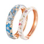 UJOY Vintage Jewelry Cloisonne Handcrafted Enameled Gorgeous Rhinestone Flower Gold Hinged Cuff Bracelet Bangles Gifts 88A11-55A82 Blue White