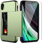 Nvollnoe for iPhone XR Case Wallet with Card Holder and Screen Protector Heavy Duty Protective Dual Layer Shockproof Built-in Card Slot Phone Case for iPhone XR for Men and Womenn(Green)