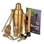 Oak & Steel - 10 Pieces Stainless Steel Gold Cocktail Making Gift Set - Complete Shaker MixologyTool with Recipe Book for Home Bar Party