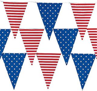 Fun Express Stars & Stripes Patriotic Plastic Pennant Banner - Dazzle Your 4th of July Party with 100 Feet Pennant Flags Patriotic Spirit - 48 Assorted American Flag Banners for Effortless Decorations