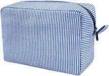 GFU Makeup Bag for Women, Cute Cosmetic Bag, Lightweight Toiletry Make up Bag, Large Seersucker Aesthetic Organizer Storage Pouch for Girls, Women and Moms Gifts, Blue