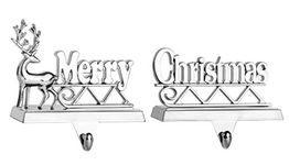 Klikel Stocking Holder Set of 2 - Marry Christmas Reindeer Stocking Hanger for Mantel - Shiny Silver Metal Deer Marry Christmas Stocking Holder for Fireplace Mantle - Heavy Stocking Holder for Mantle