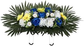 Memobloom Headstone Flower Saddle for Grave - Artificial Memorial Day Cemetery Flowers Silk Funeral Sympathy Floral Arrangements for Outdoor Gravestone Decorations(Yellow White Royal Blue)