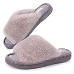 Snug Leaves Ladies' Deluxe Fluffy Memory Foam Slip on Slippers Cozy Faux Fur Lined Open Toe House Slides with Anti-Slip Indoor Outdoor Rubber Sole Grey,Size 7-8 UK