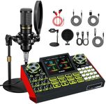 Podcast Microphone Bundle with Live Sound Card Audio Mixer, Podcast Equipment Bundle Sound Board with 3.5mm Condenser Microphone for Pc/Phone Live Streaming Singing Gaming,Voice Changer, Denoise