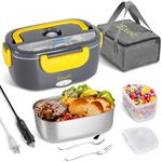 Eocolz Electric Lunch Box Food Heater Warmer, 2 in 1 Portable Lunch Box for Car Truck Home Work Leak Proof with 1.5L Removable 304 Stainless Steel Container & Spoon 2 Compartments 110V 12V 24V